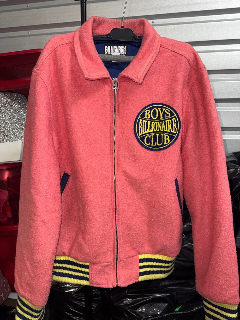 Billionaire Boys Club Pink Varsity Bomber Jacket with Yellow & Navy Trim